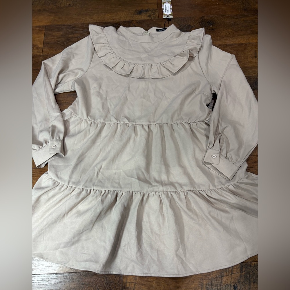 Boohoo Neutral Beige Ruffled high neck Long Sleeve Dress 14